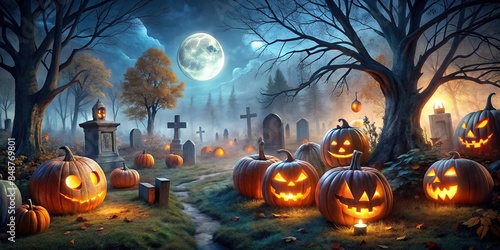 Moonlit pumpkins glowing in an enchanted graveyard surrounded by shadows and tombstones, moonlit, pumpkins, enchanted
