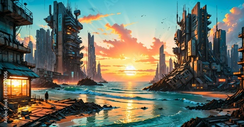 dystopian sci fi city ocean sunset. cyberpunk science fiction buildings on sea beach shore. tropical metropolis urban coast shoreline.
