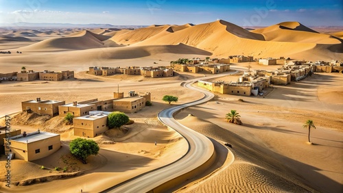 Village curved sand road in the desert with isolated background, village, curved, sand, road, isolated,background, desert