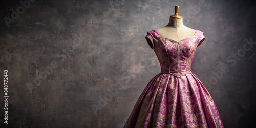 Vintage mannequin dress in pink and purple damask design from 1954, Vintage, mannequin, dress, pink, purple, damask, design, 1954