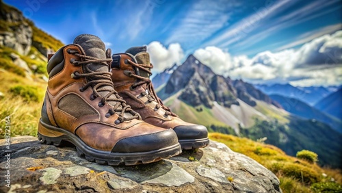 Close-up of durable and weather-resistant mountain climbing and hiking boots, mountain climbing, hiking, adventure
