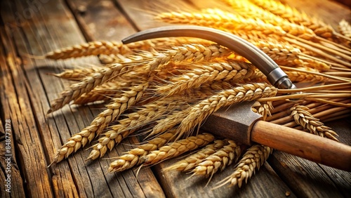 Traditional harvest scene with a close-up of golden wheat ears and an ancient sickle , wheat, harvest, traditional, agriculture, rural