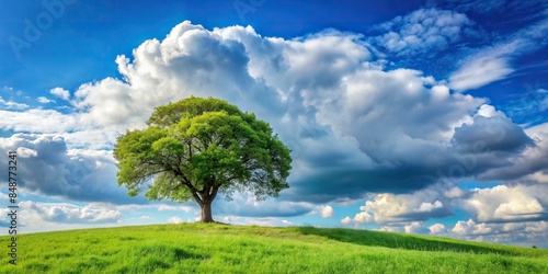 Tree with branches standing on grassy hill under sky with cumulus clouds, nature, landscape, tree, branches, grassy hill