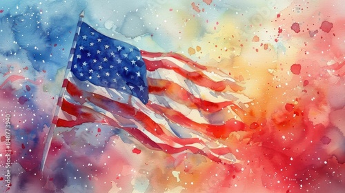 Festive watercolor of an American flag waving proudly against a backdrop of vibrant fireworks explosions in the sky The patriotic design features the iconic stars and stripes in a dynamic