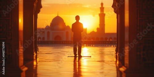 Silhouette of man praying at a mosque at sunset
