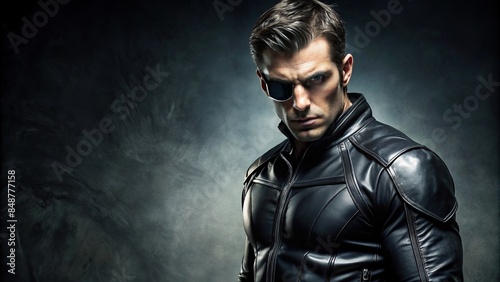 Comicbook antihero in black leather outfit with a brooding expression, antihero, superhero, comicbook, dark, black