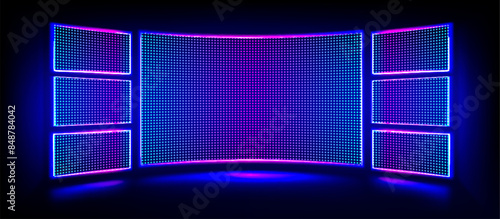 Digital stage screen with led panels. Tv show display for concert or night disco party. Curve concave electronic monitors with neon blue and purple glow. Realistic 3d vector lcd video technology.