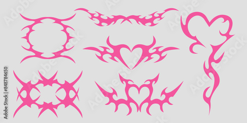 Neo tribal pink emo heart, wings and flame y2k aesthetic tattoo gothic, fire or wings abstract silhouette isolated on background. Divider, border, cyber body ornament, neotribal web goth decoration