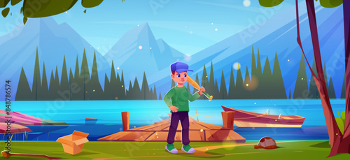 Boy with baseball bat near mountain lake. Vector cartoon illustration of happy kid standing near water, dirty ball on green grass, old wooden pier and boat on river, rocky range and forest on horizon