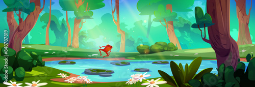 Frog jumping in summer forest lake. Vector cartoon illustration of beautiful natural scenery with blue river, stones in water, green grass and bushes, bright sunlight penetrating foliage of old trees
