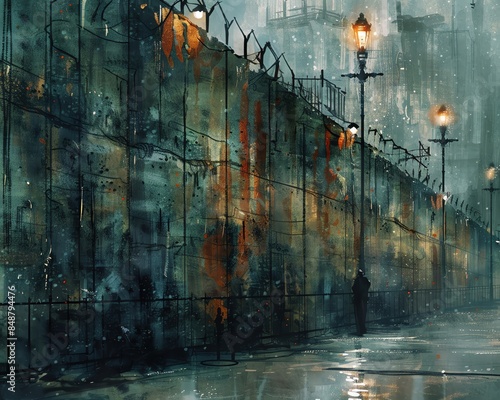 Moody painting of a rain-soaked urban alley with tall walls, barbed wire, and glowing streetlights casting warm light.