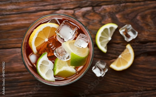 Delicious alcoholic cocktail with lemon and lime pieces of ice on a wooden background