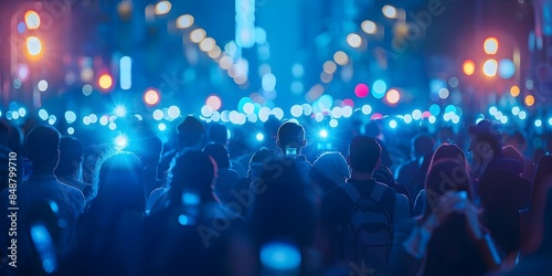 Crowd enjoys soothing blue light from 5G network. Concept 5G Network, Blue Light, Crowd, Enjoyment, Technology