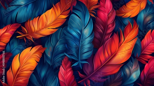 Seamless pattern featuring colorful feathers of exotic birds.