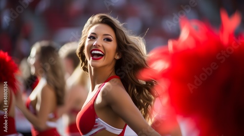 A young, smiling cheerleader with vibrant red pom-poms at a sporting event, exuding excitement and team spirit