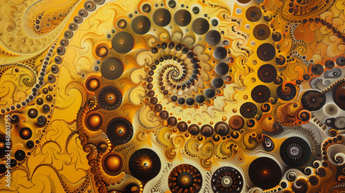 The patterns are complex, even unreal, full of spiral lines in intense shades of yellow and golden brown. The transition from light to deep tones creates the impression of depth and movement.