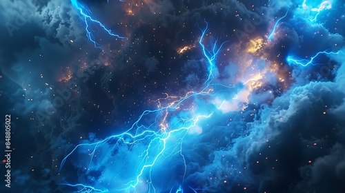 VFX effect of a lightning bolt striking the ground. Blue electric or magic thunderbolt impact, crack, and wizard energy flash. A powerful electrical discharge, presented as a cartoon vector 