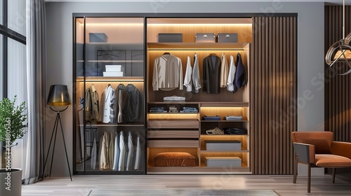 Wardrobe - Sliding doors. Modern interior, 3D illustration 