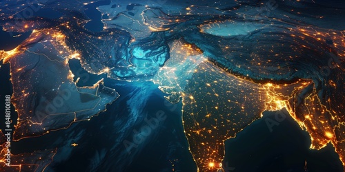 Satellite view of Earth at night showing illuminated cities in the Middle East and South Asia. Nighttime satellite photography. Global connectivity and urbanization concept.