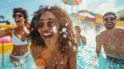 A joyful day at the water park is spent by friends, splashing and sliding under the sunny sky, brimming with laughter and fun, creating unforgettable memories together