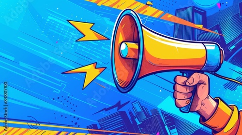 A hand firmly holding a bright yellow and orange megaphone against a blue background