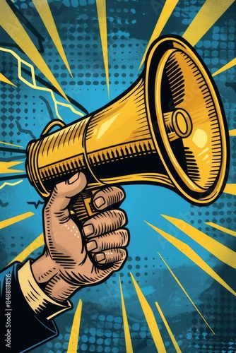 A hand firmly grips a yellow and black megaphone against a blue background