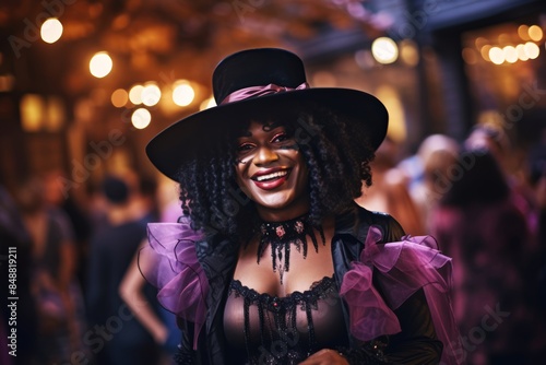 Transgender person wearing a witch costume and smiling at a Halloween event