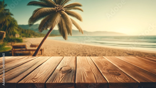 wooden table with a coconut palm tree in the background, set on a beach.