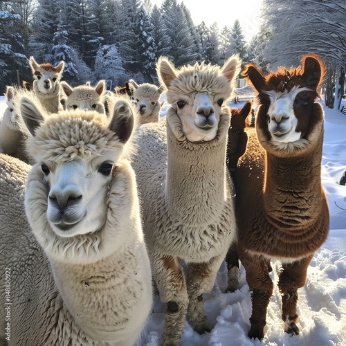 Winter fun with alpacas on the farm, Zabawa zimą z alpakami na farmie, alpaki