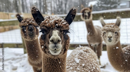 Winter fun with alpacas on the farm, Zabawa zimą z alpakami na farmie, alpaki