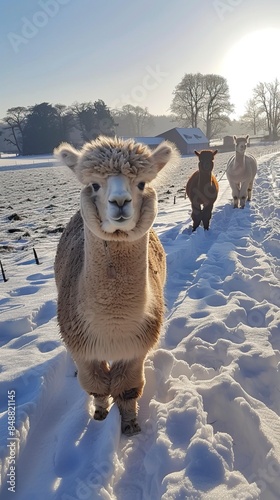 Winter fun with alpacas on the farm, Zabawa zimą z alpakami na farmie, alpaki