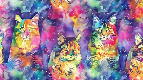 Adorable cats, drawn by hand, appear on a separate surface in a harmoniously integrated pattern. Their delicate details and subtle shades create a camouflage effect