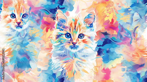 Adorable cats, drawn by hand, appear on a separate surface in a harmoniously integrated pattern. Their delicate details and subtle shades create a camouflage effect