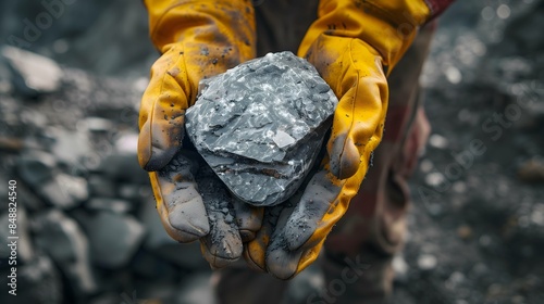 a worker in a lithium mine, holding a lithium stone in yellow-gloved hands