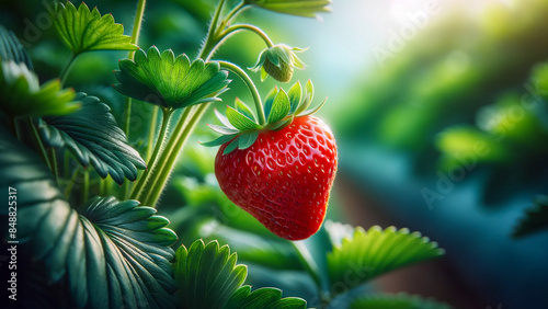 beautiful strawberry growing on a bush.