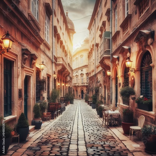 A picturesque narrow street lined with historical buildings and glowing lanterns at dusk. The cobblestone path and warm lighting create a romantic and nostalgic atmosphere in this enchanting urban