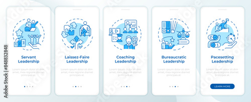 Styles of leadership management blue onboarding mobile app screen. Walkthrough 5 steps editable graphic instructions with linear concepts. UI, UX, GUI template. Montserrat SemiBold, Regular fonts used