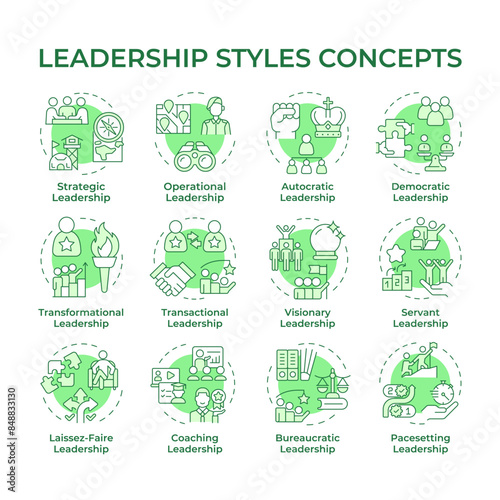 Leadership styles green concept icons. Professional development, military command. Army service. Icon pack. Vector images. Round shape illustrations for infographic, presentation. Abstract idea