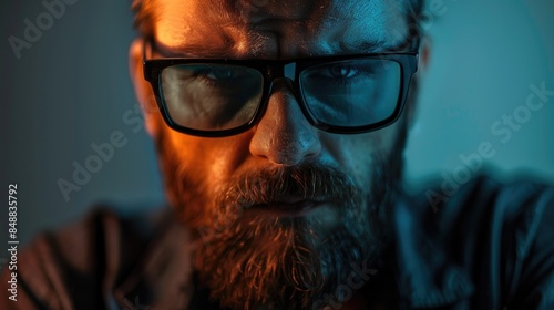 A man with a beard and a displeased expression wearing dark glasses