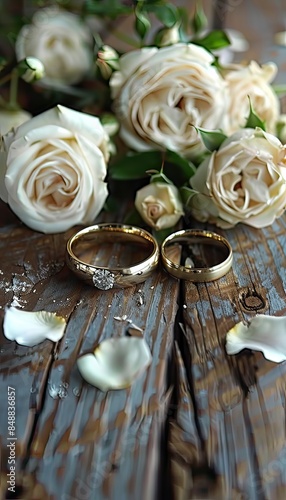 Golden Wedding Rings with a Red Rose and Petals beautifully arranged on a Wooden Surface