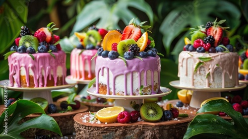 Mini cakes decorated with fresh fruit and colorful icing. Displayed on cake stands, perfect for celebrations or special occasions.