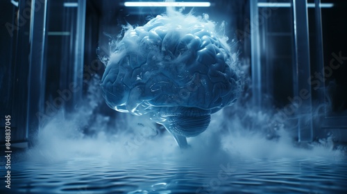 A detailed illustration of a frozen brain encapsulated in ice, symbolizing the concept of cryonics and the preservation of human consciousness for future revival.