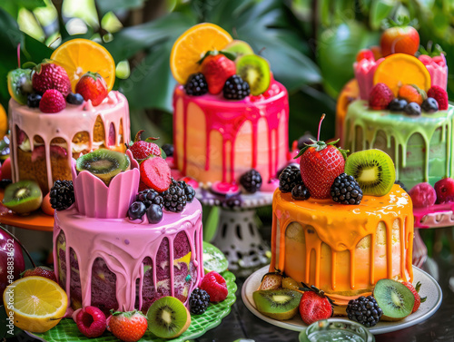 Mini cakes decorated with fresh fruit and colorful icing. Displayed on cake stands, perfect for celebrations or special occasions.