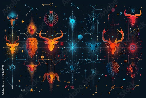 Colorful zodiac symbols and constellations on a dark background, perfect for astrology and horoscope concepts.