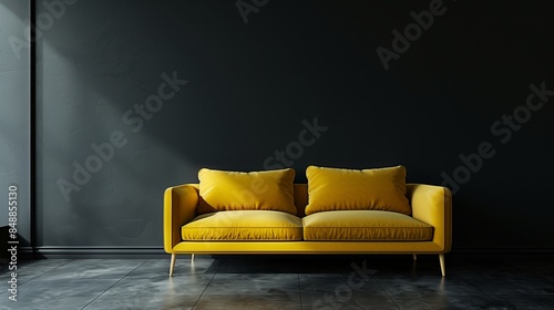 Dark room interior, living room interior mockup, empty black wall and yellow sofa, 3d ing --aspect 169 --version 6.0 - Upscaled (Subtle) by @zahra (relaxed)