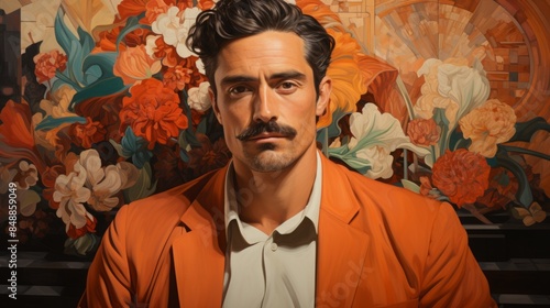 Portrait of a mustachioed Mexican in an unbuttoned shirt, made in the Art Deco style. A man in a 1930 suit.