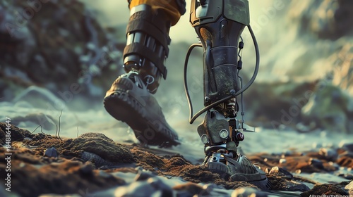Close-up of futuristic robotic legs walking on rocky terrain, symbolizing advanced technology and mechanical innovation in tough environments.