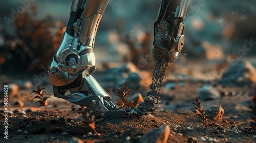 Close-up of robotic legs walking on barren ground, illustrating advanced technology and future robotics in a sci-fi setting