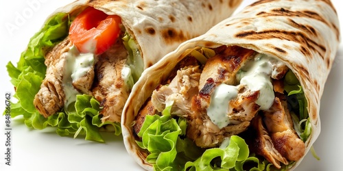 Two grilled chicken wraps with lettuce, tomato, and creamy sauce