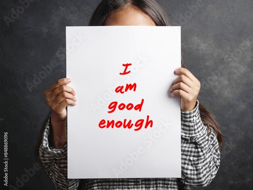 Little girl hide behind paper written I AM GOOD ENOUGH , positive affirmmation to beat negative self-talk boost self esteem, self-worth and self-acceptance